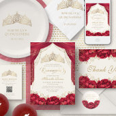 Tiara Princess Rood Goud Elegante Quinceanera Kaart