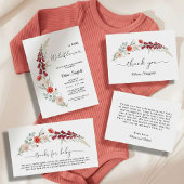 Boho Baby Shower Invitation red floral watercolor Kaart