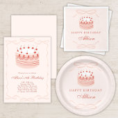 Roze en rode Coquette Retro Cherry Cake Verjaardag Kaart