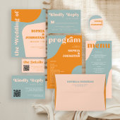 Retro 70s dusty blue orange pink wedding save the date