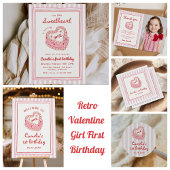 Retro Hand Drawn Valentine Girl First Birthday Kaart