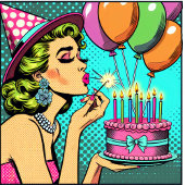 Retro Pop Art Woman Holding a Cake Happy Birthday Kaart