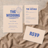 Retro Moderne Blauwe & Beige Trouwfoto Bedankkaart (Personaliseer de collectie van deze zelfstandige maker.)