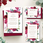 Romantic burgundy Maroon Floral Wedding details Informatiekaartje