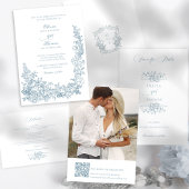 Romantic Dusty Blue Line Art Floral Wedding Uitnodigingen Wikkel