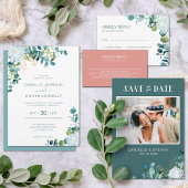 Chique eucalyptus groen witte bloemen bruiloft kaart