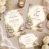 Romantische Tuinfontein Elegantie Bruiloft Save The Date