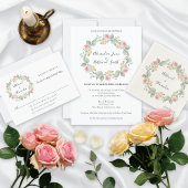 Romantic Pink Rose Wreath Wedding Paper Plates Servet