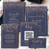 Roos gold confetti navy blue script behalve de dat aankondigingskaart