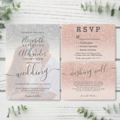 Roos goud glitter ombre witte scriptfoto bruiloft drieluik uitnodiging (Personaliseer de collectie van deze zelfstandige maker.)