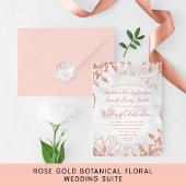 Roos Gold Botanische Bloemen Grijs Bruiloft Uitnod Kaart