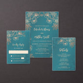 Rose Gold Floral Line Art Teal Wedding Informatiekaartje (Personaliseer de collectie van deze zelfstandige maker.)
