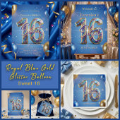 Glamorous Blue Gold Glitter Sweet 16 Birthday Wijn Etiket