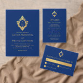 Royal Blue Monogram Crest Faux Gold bruiloft Servet (Personaliseer de collectie van deze zelfstandige maker.)