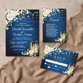 White Roses Royal Blue Wood Lantern Wedding All In One Uitnodiging (Personaliseer de collectie van deze zelfstandige maker.)