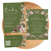 Elegant Script Moss Green Wildflower Baby shower Kaart