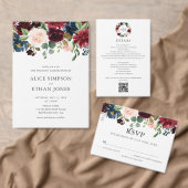 Rustic Burgundy Blue Floral Wedding Uitnodigingen Wikkel (Personaliseer de collectie van deze zelfstandige maker.)
