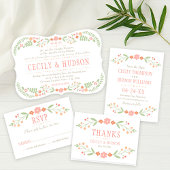 Rustic Coral Pink en Green Floral Wedding Programmakaart