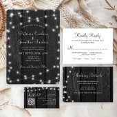 Rustic wood string lights wedding guest details informatiekaartje