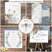 Rustiek Stoffig Blauw Wildbloemen & Daisies Diner All In One Uitnodiging