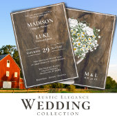 Rustic Wood White Flowers String of Lights Wedding Kaart