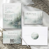 Rustic Mountain Lake Misty Pines Modern Wedding Kaart