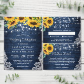 Zonnebloemen stralen Roustische marineblauw huweli All In One Uitnodiging (Personaliseer de collectie van deze zelfstandige maker.)