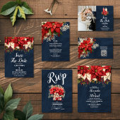 Rustieke Navy Poinsettia Bloemen Kerstbruiloft Kaart