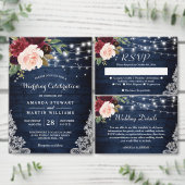 Rustic Burgundy Floral String Lights Wedding Kaart (Personaliseer de collectie van deze zelfstandige maker.)