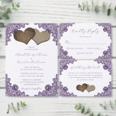Rustic Purple Floral Lace Burlap Hearts Wedding Kaart (Personaliseer de collectie van deze zelfstandige maker.)