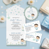 Pastel Sage Groen Schattige Jongen met Sterren & B All In One Uitnodiging