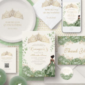 Floral Tiara Sage Green Quinceanera Kaart