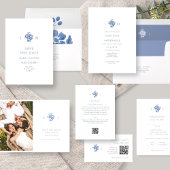 Blauw & Wit Bloemen Monogrammed Wedding Flat Save The Date