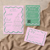 Retro Squiggle Whimsical Roze en Groene Bruiloft Kaart (Personaliseer de collectie van deze zelfstandige maker.)