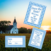 Blauw en Wit Gingham Lijst bruiloft Kaart