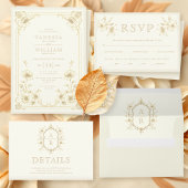 Sepia floral crest monogram QR code wedding RSVP Kaartje