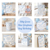 Dwaas Gans Blauw Gingham Baby Shower Uitnodiging