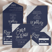 Chic Silglitter typografie navy blue bruiloft All In One Uitnodiging