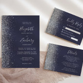 Moderne donkere blauwe zilveren rand bruiloft ronde sticker