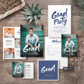 Blauw Modern Brush Script Foto Afstudeerfeest Spandoek