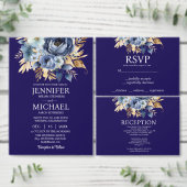 Marine Blauw en Goud Bloemen Menu Trouwmenu (Personaliseer de collectie van deze zelfstandige maker.)