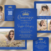 Elegante Sparkles Quinceañera Crown Royal Blue Gol Magnetische Uitnodiging