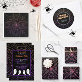 Spinweb zwart paars oranje Halloween patroon T-shirt