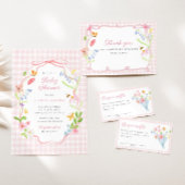 Spring Floral Pink Gingham Baby Shower Bedankkaart