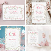 Roze en groene voorjaarstuin 1e verjaardagsfeest kaart