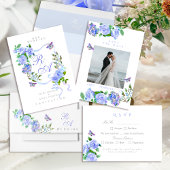 Blauw Roos lint monogram bruiloft uitnodiging labe Etiket