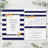 Strandbruiloft met Starfish and marvy blue strepen Drieluik Uitnodiging (Personaliseer de collectie van deze zelfstandige maker.)