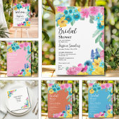 Summer floral Bridal Shower with Photo Blue Kaart