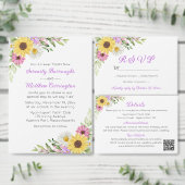 Floral Sunflower Daisy Just Married Wedding Kaart (Personaliseer de collectie van deze zelfstandige maker.)