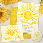 Hier komt de zoon gele zon grillige baby shower ronde sticker